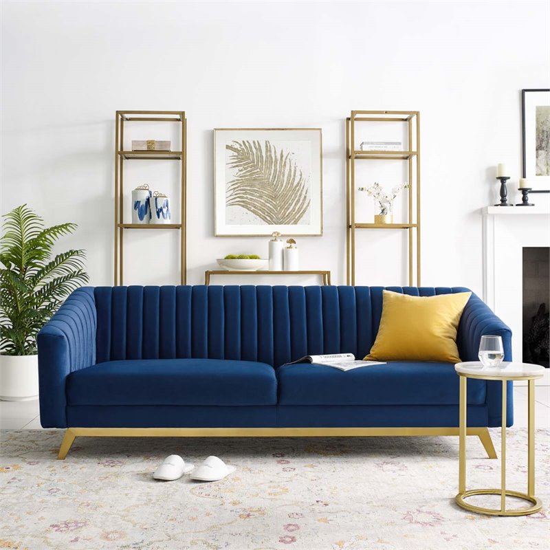 Maklaine Vertical Channel Tufted Performance Velvet Sofa in Navy