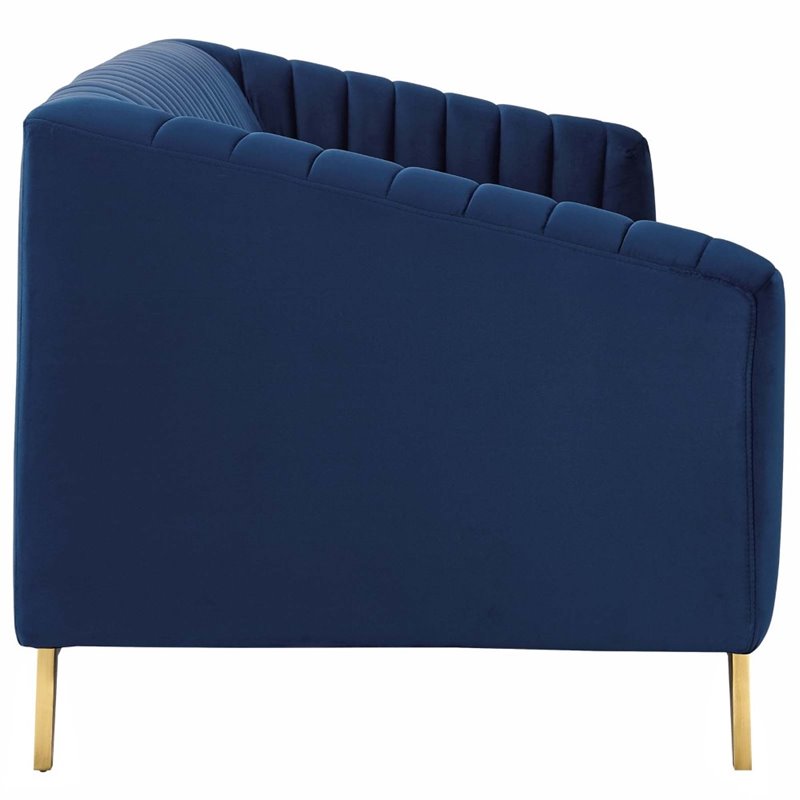 Maklaine Vertical Channel Tufted Performance Velvet Sofa in Navy