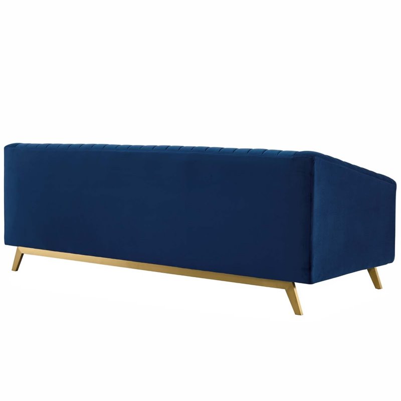 Maklaine Vertical Channel Tufted Performance Velvet Sofa in Navy