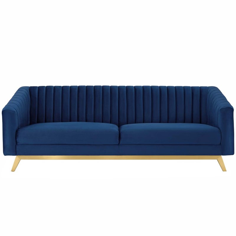 Maklaine Vertical Channel Tufted Performance Velvet Sofa in Navy