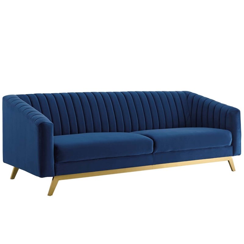 Maklaine Vertical Channel Tufted Performance Velvet Sofa in Navy