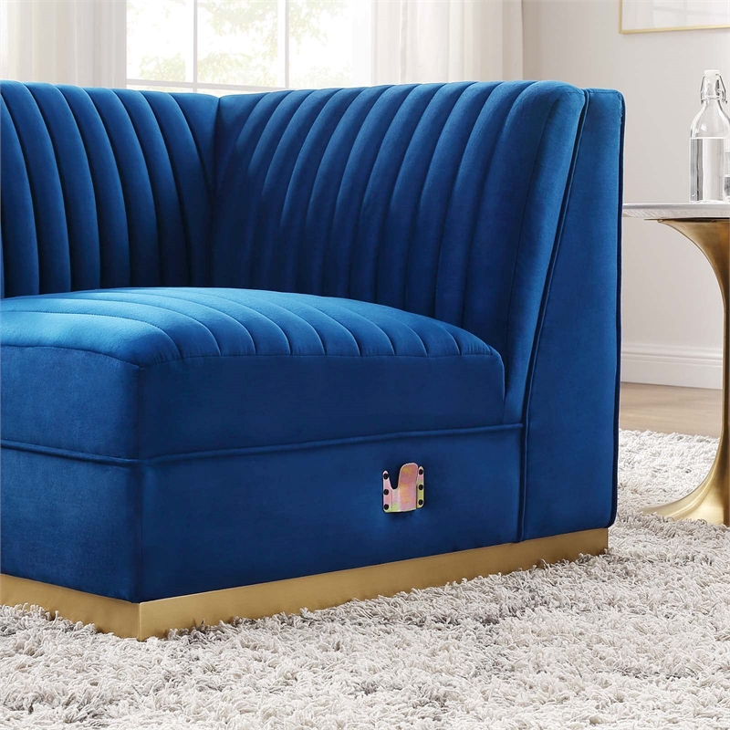 Maklaine Velvet and Stainless Steel Right Corner Chair in Navy Blue