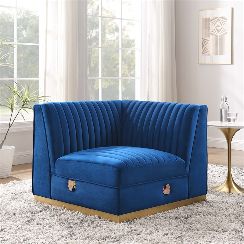 Maklaine Velvet and Stainless Steel Right Corner Chair in Navy Blue