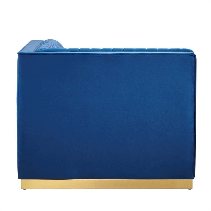 Maklaine Velvet and Stainless Steel Right Corner Chair in Navy Blue