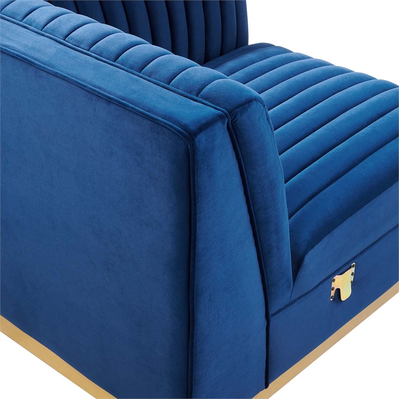 Maklaine Velvet and Stainless Steel Right Corner Chair in Navy Blue