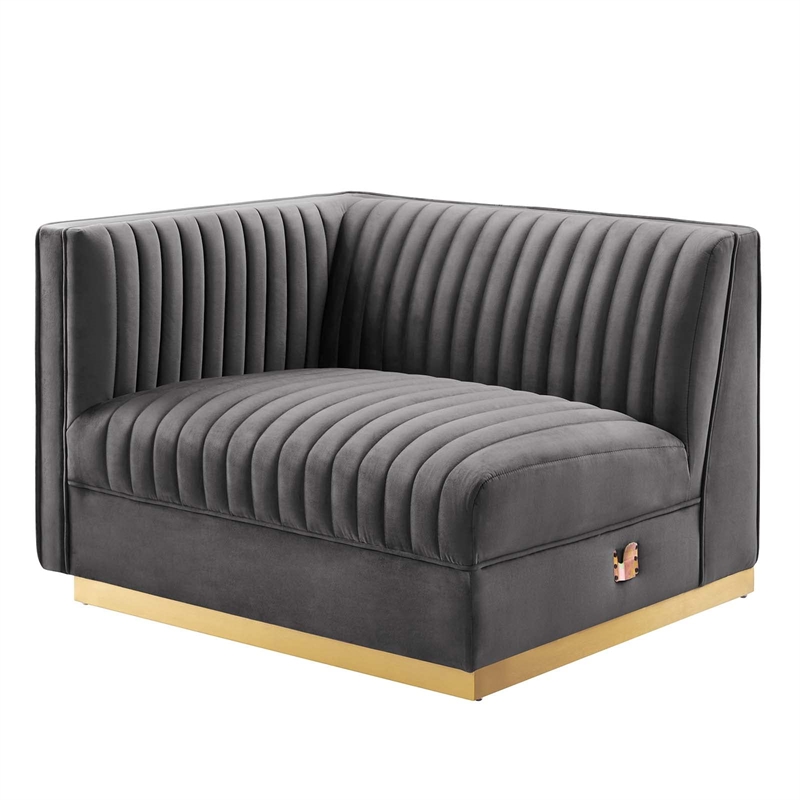 Maklaine Contemporary Velvet and Stainless Steel Left-Arm Chair in Gray