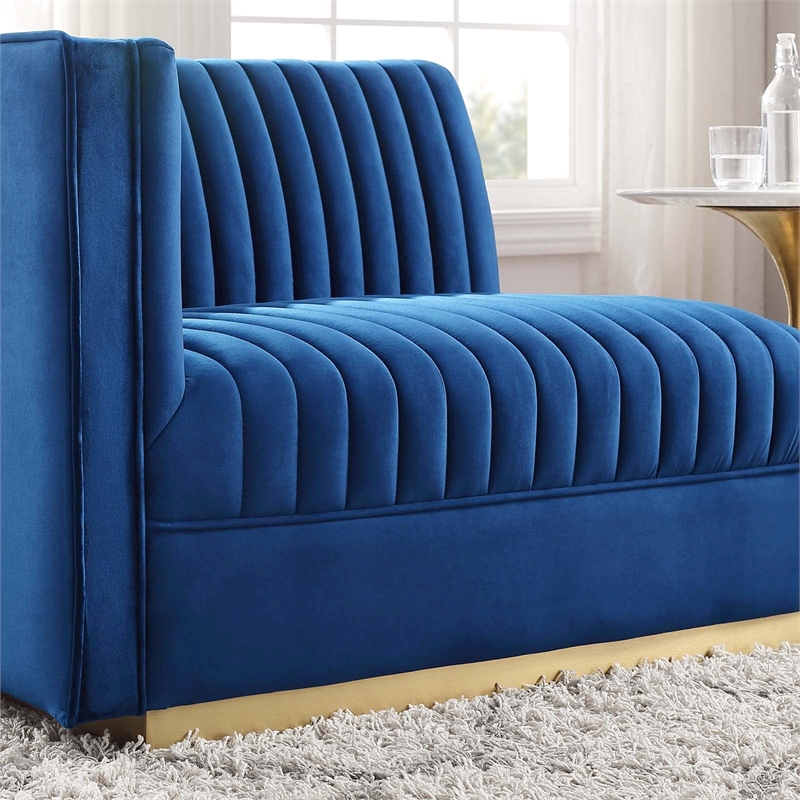 Maklaine Contemporary Velvet and Stainless Steel Left-Arm Chair in Navy