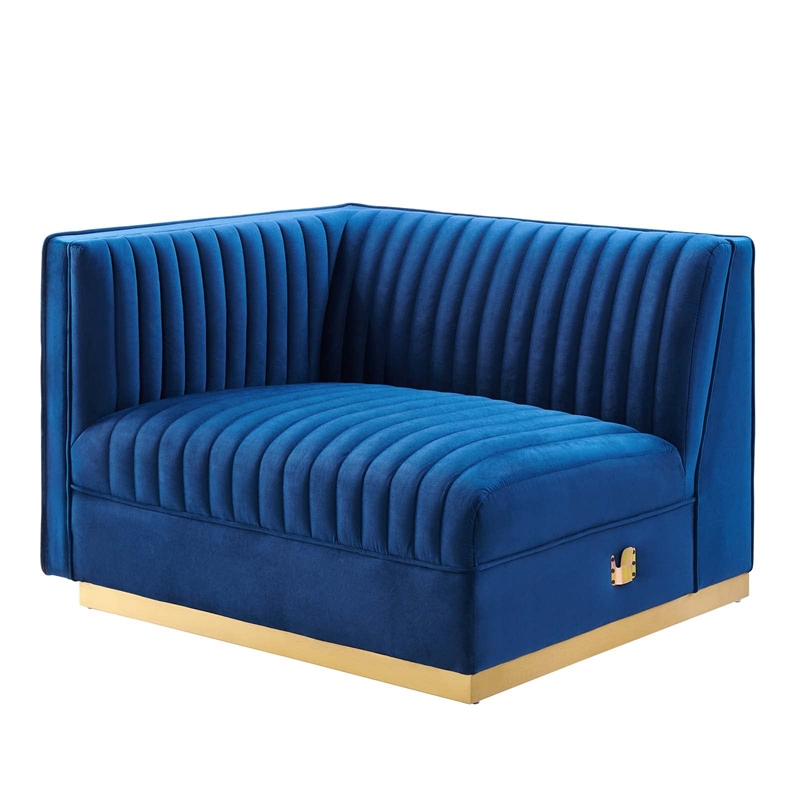 Maklaine Contemporary Velvet and Stainless Steel Left-Arm Chair in Navy