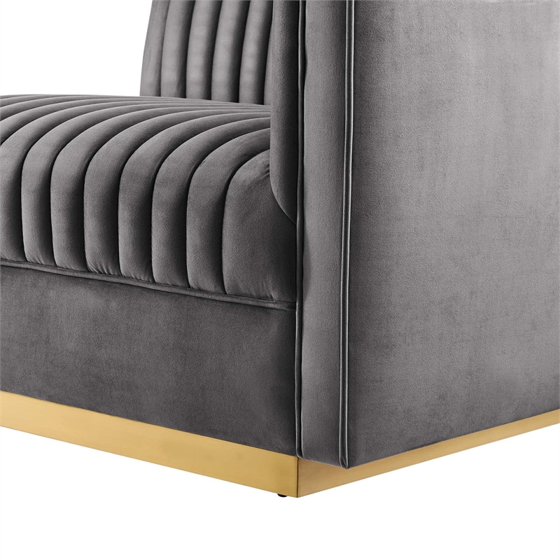 Maklaine Contemporary Velvet and Stainless Steel Right-Arm Chair in Gray