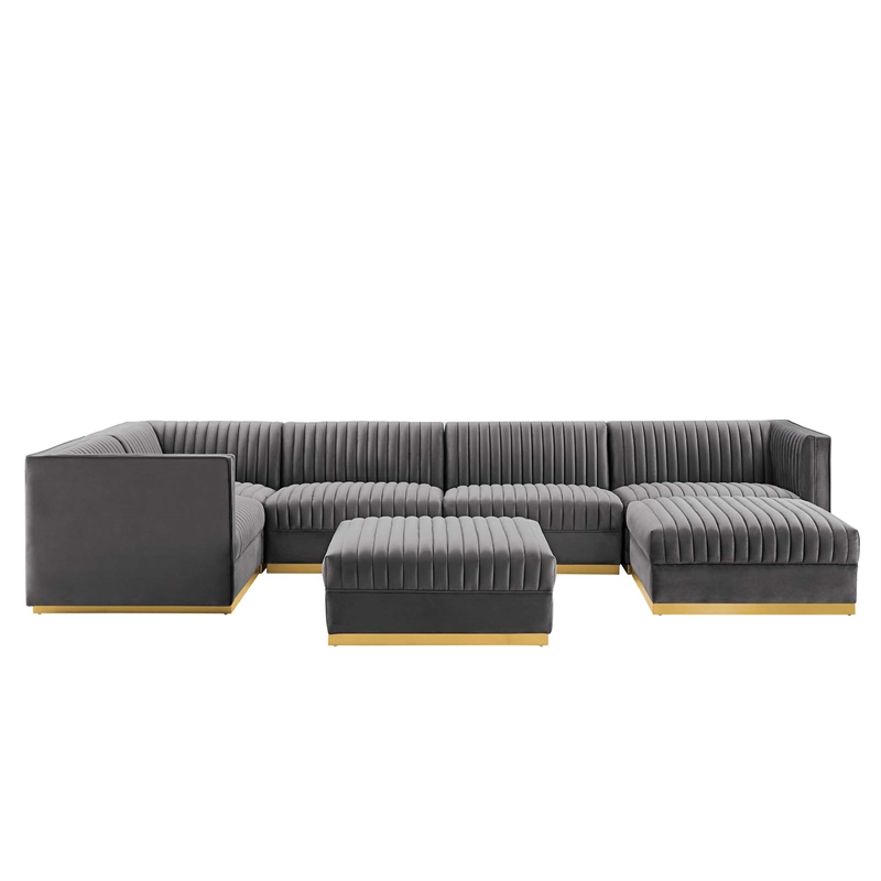 Maklaine 7-Piece Velvet Left-Facing Modular Sectional Sofa in Gray