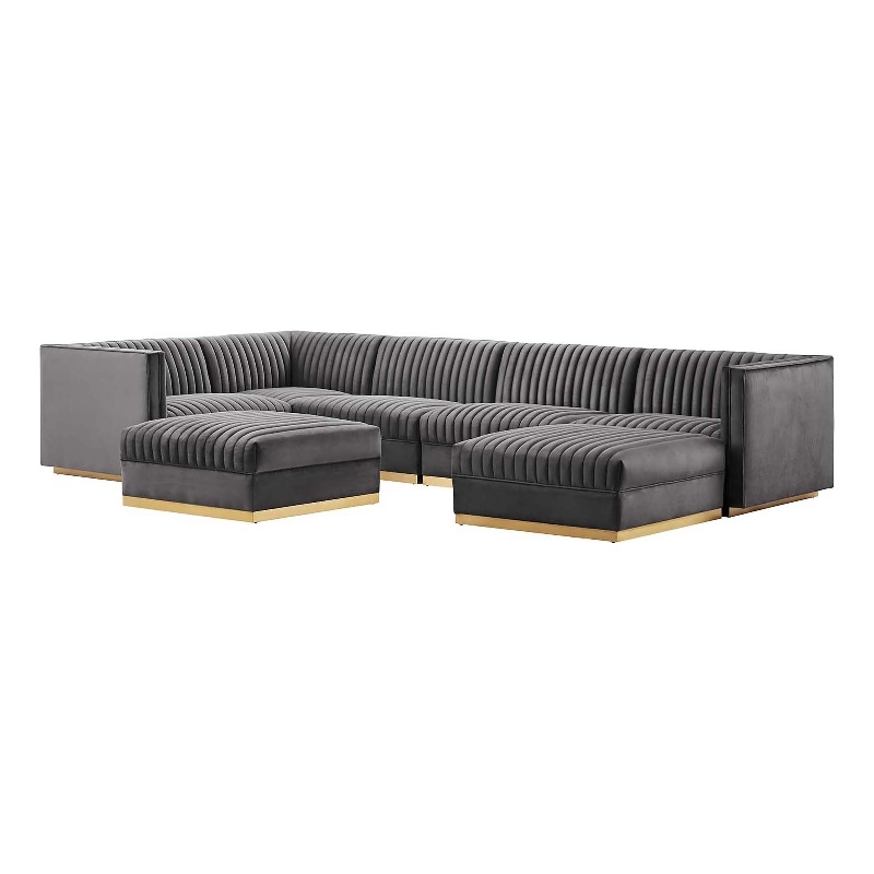 Maklaine 7-Piece Velvet Left-Facing Modular Sectional Sofa in Gray