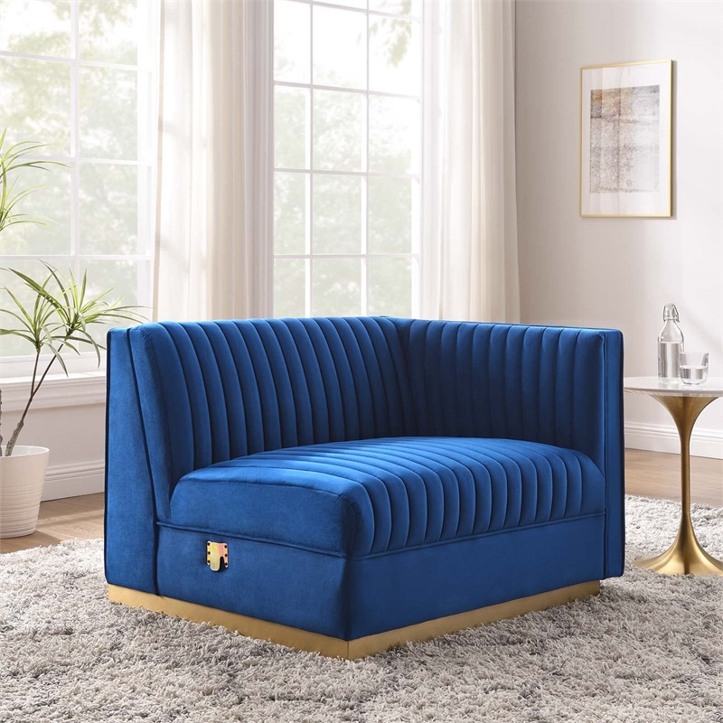 Maklaine Velvet and Stainless Steel Right-Arm Chair in Navy Blue