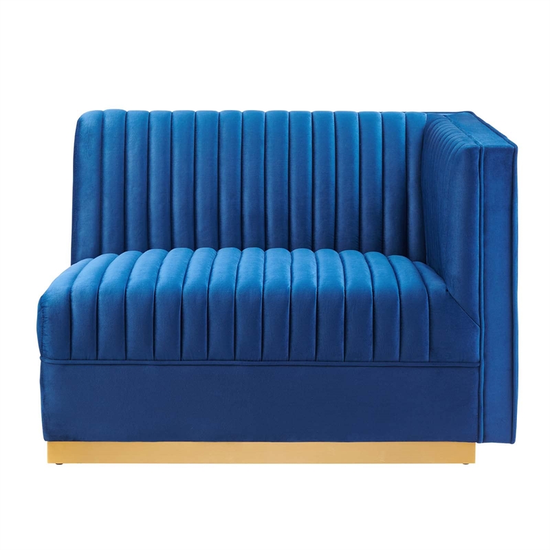 Maklaine Velvet and Stainless Steel Right-Arm Chair in Navy Blue