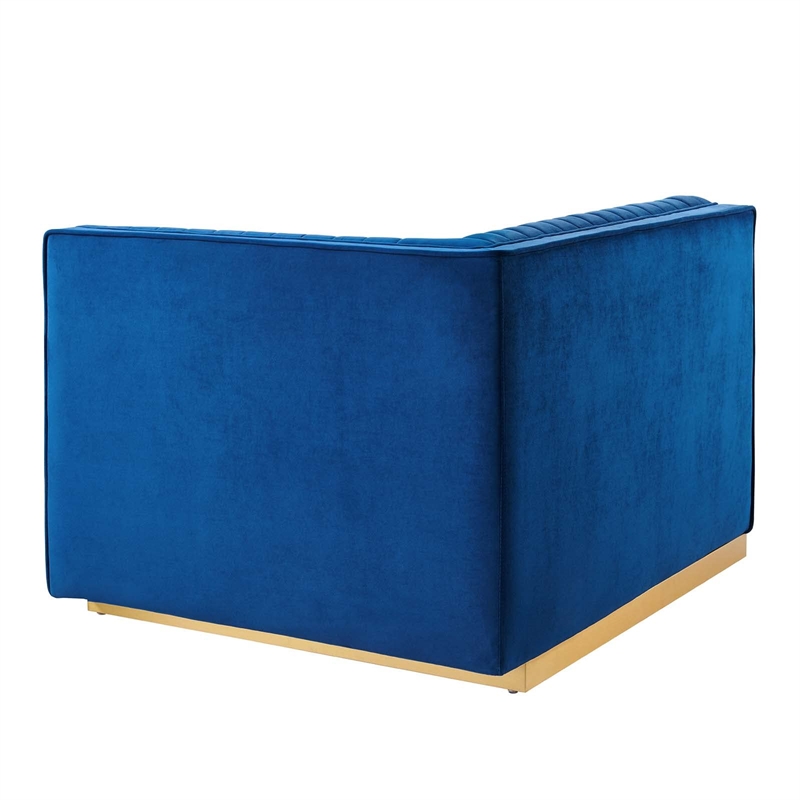 Maklaine Velvet and Stainless Steel Right-Arm Chair in Navy Blue