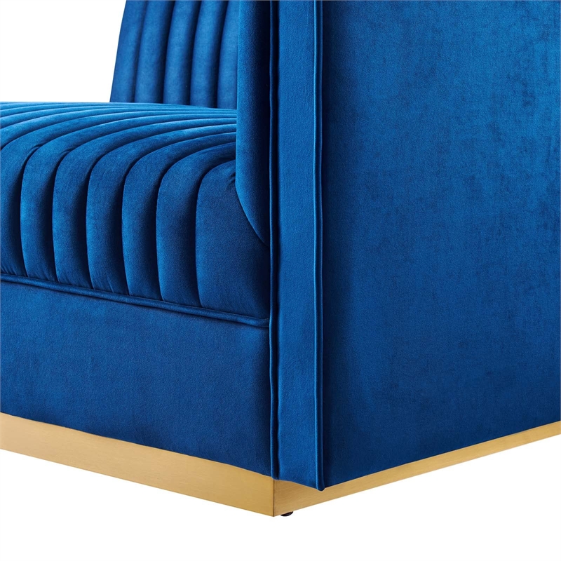 Maklaine Velvet and Stainless Steel Right-Arm Chair in Navy Blue