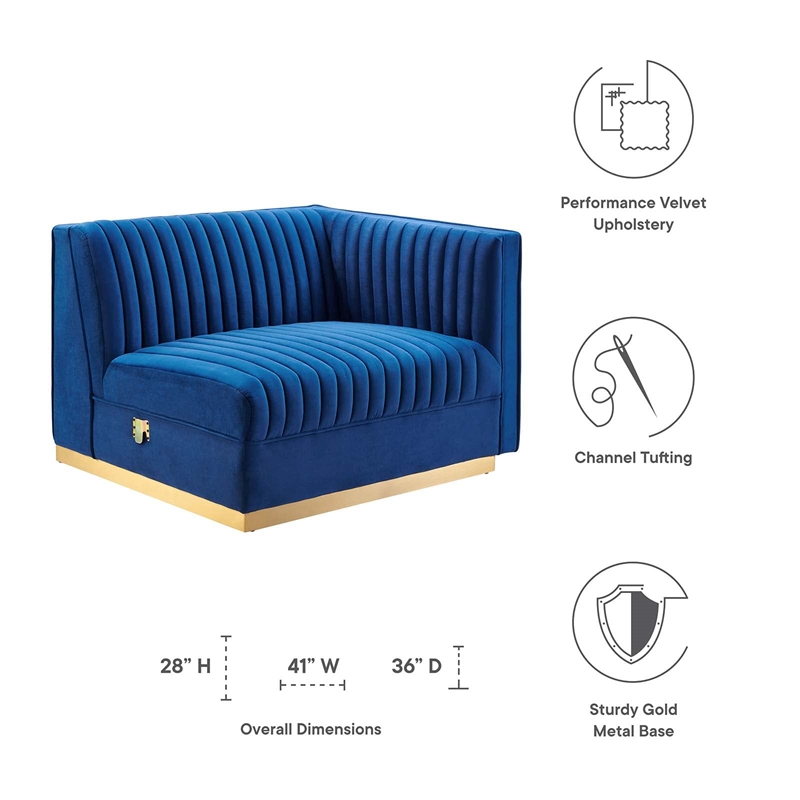 Maklaine Velvet and Stainless Steel Right-Arm Chair in Navy Blue