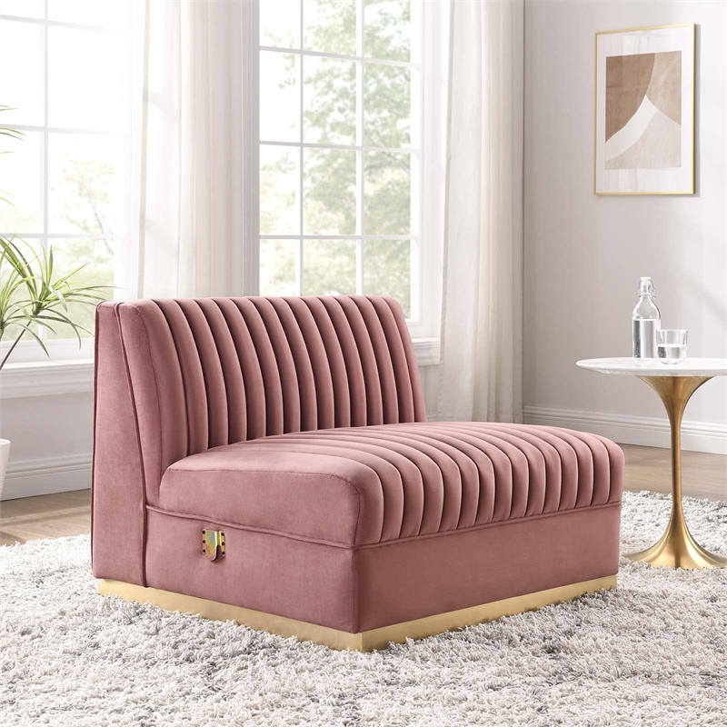 Maklaine Velvet and Stainless Steel Armless Chair in Dusty Rose