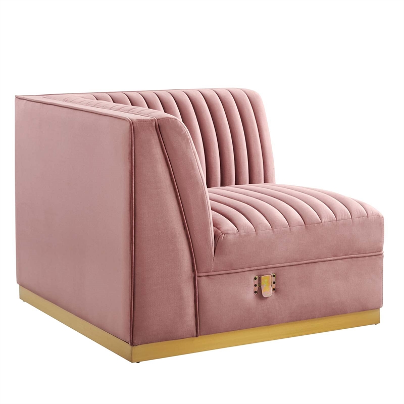 Maklaine Velvet and Stainless Steel Left Corner Chair in Dusty Rose