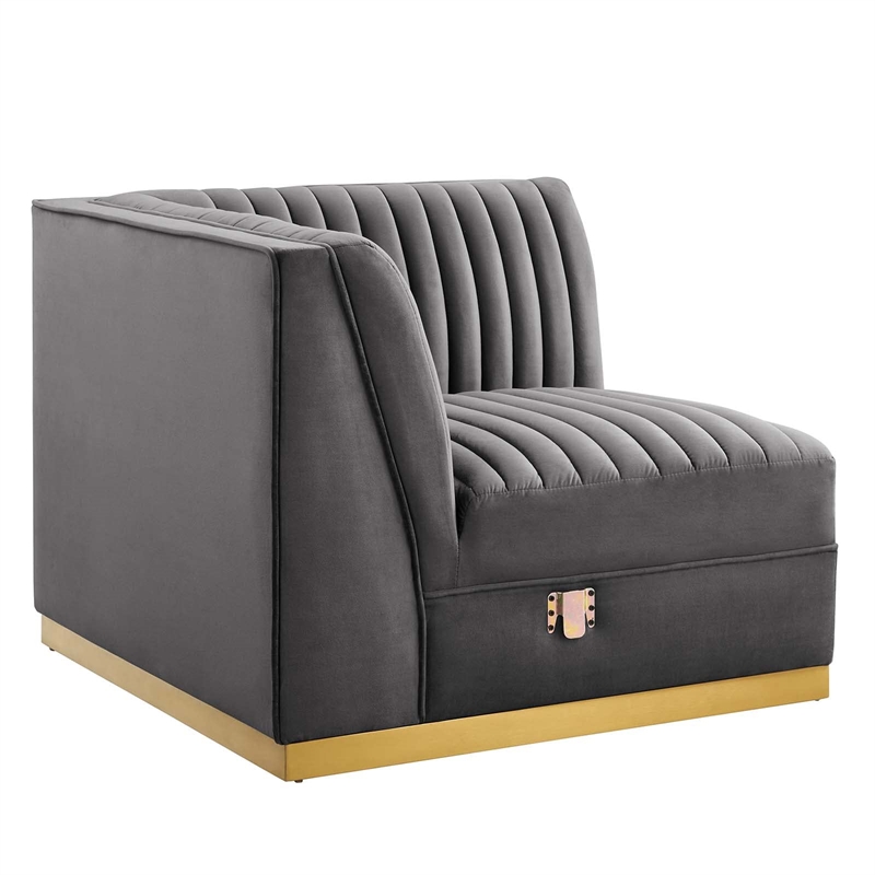 Maklaine Velvet and Stainless Steel Left Corner Chair in Gray