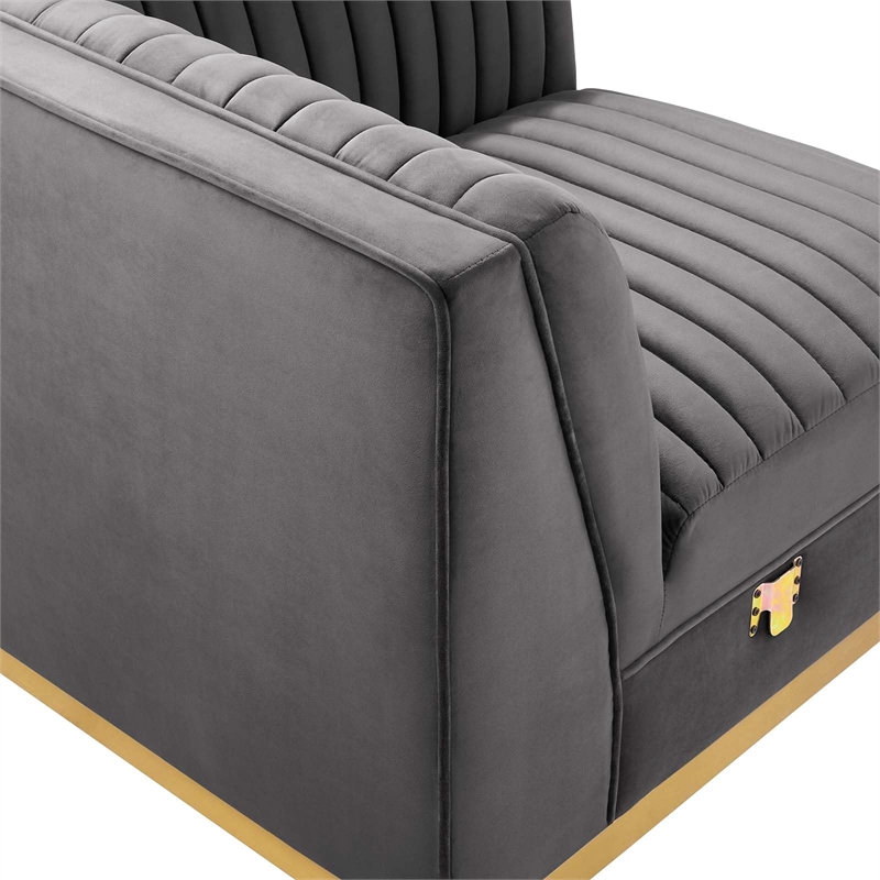 Maklaine Velvet and Stainless Steel Left Corner Chair in Gray