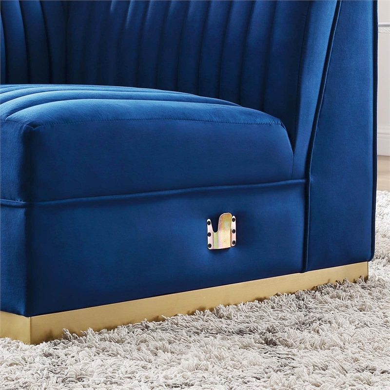 Maklaine Velvet and Stainless Steel Left Corner Chair in Navy Blue