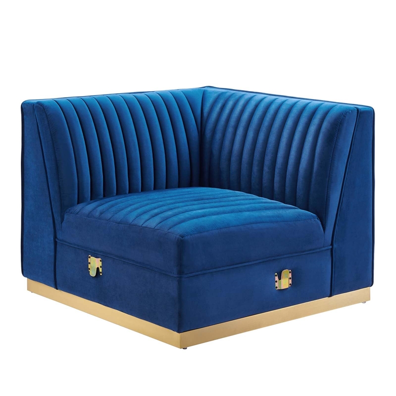 Maklaine Velvet and Stainless Steel Left Corner Chair in Navy Blue