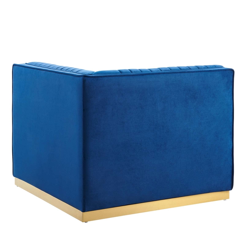 Maklaine Velvet and Stainless Steel Left Corner Chair in Navy Blue