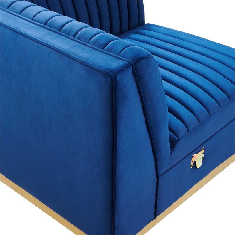 Maklaine Velvet and Stainless Steel Left Corner Chair in Navy Blue