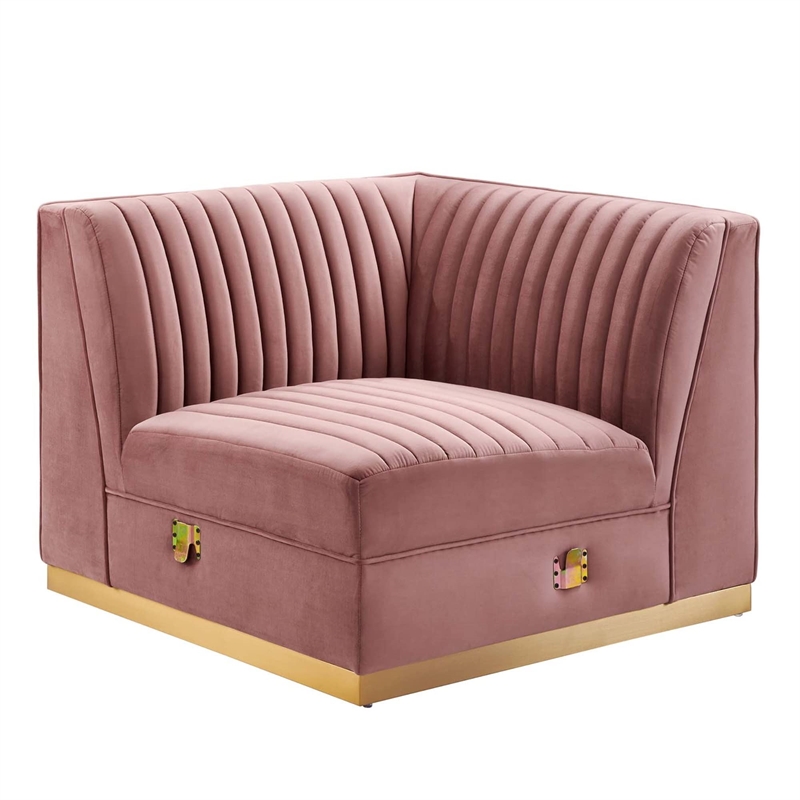 Maklaine Velvet and Stainless Steel Right Corner Chair in Dusty Rose
