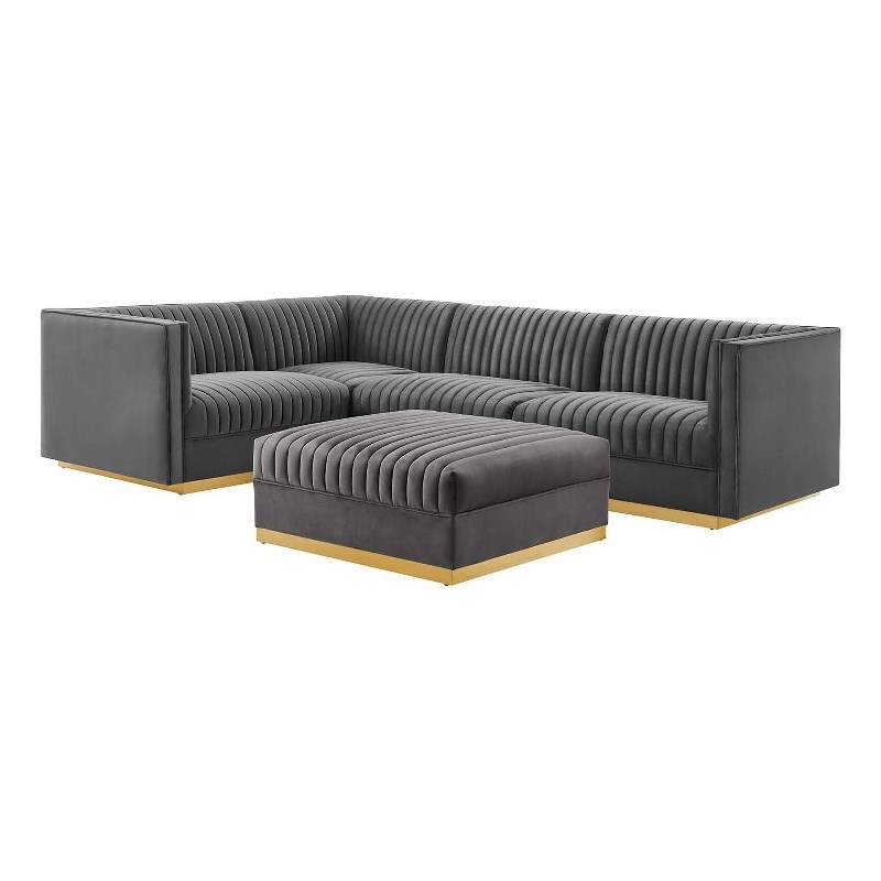 Maklaine 5-Piece Velvet Left-Facing Modular Sectional Sofa in Gray