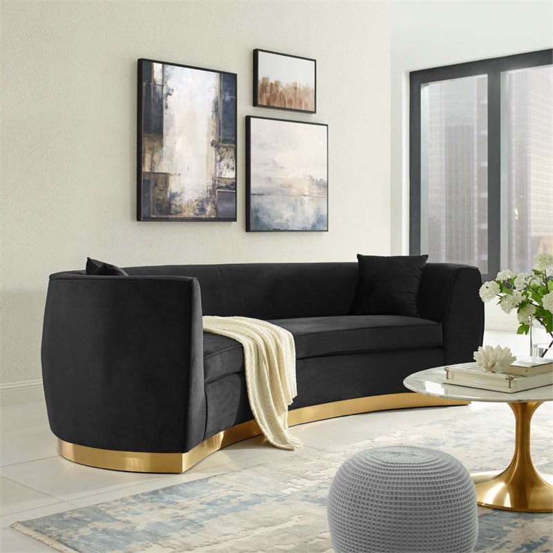 Maklaine Curved Performance Velvet Stainless Steel Sofa in Black
