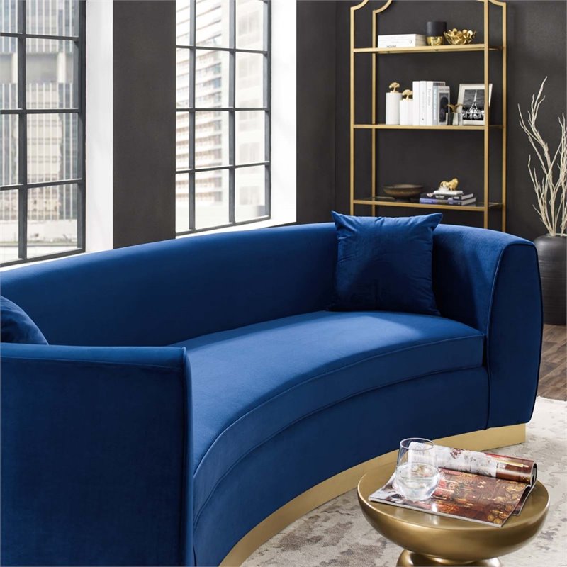 Maklaine Curved Performance Velvet Stainless Steel Sofa in Navy