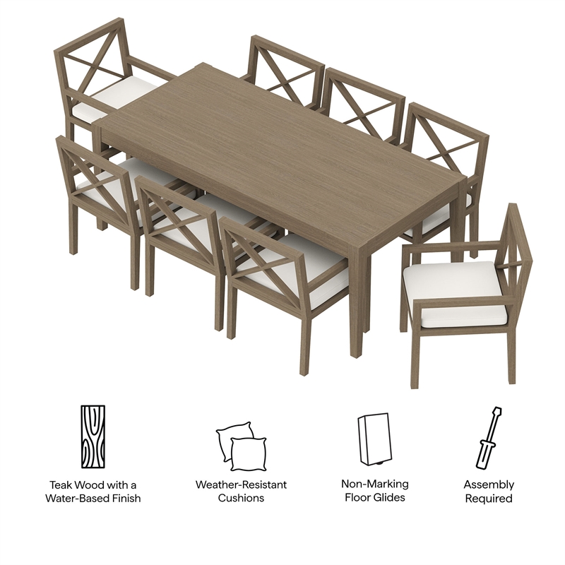 Maklaine 9-Piece Outdoor Patio Teak Wood Dining Set in Weathered Gray