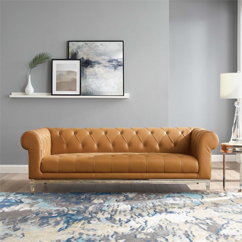 Maklaine Tufted Button Upholstered Leather Chesterfield Sofa in Tan