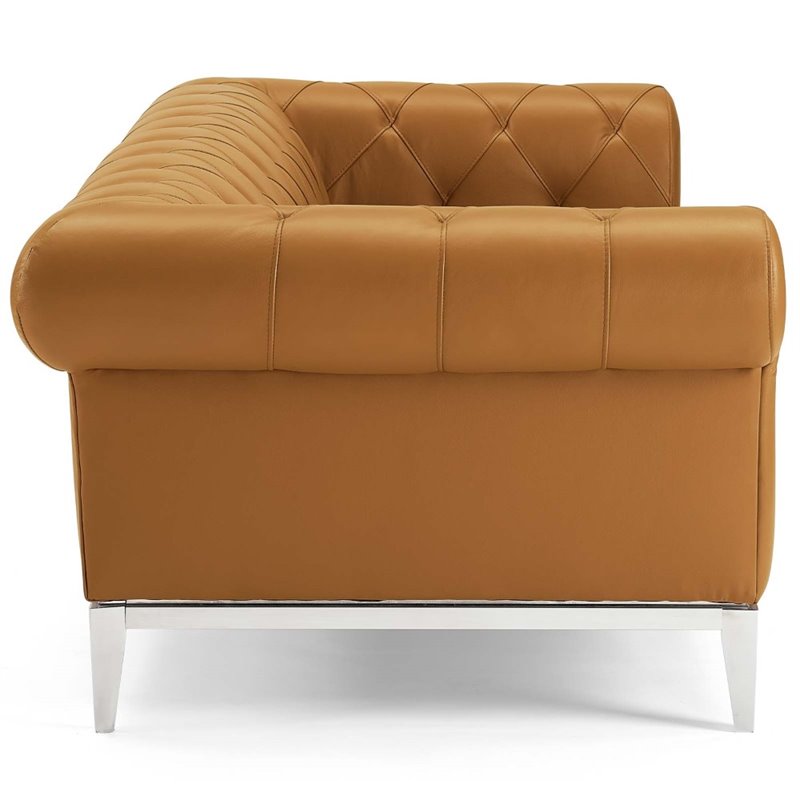 Maklaine Tufted Button Upholstered Leather Chesterfield Sofa in Tan
