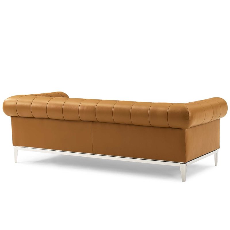 Maklaine Tufted Button Upholstered Leather Chesterfield Sofa in Tan