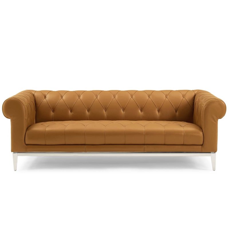 Maklaine Tufted Button Upholstered Leather Chesterfield Sofa in Tan