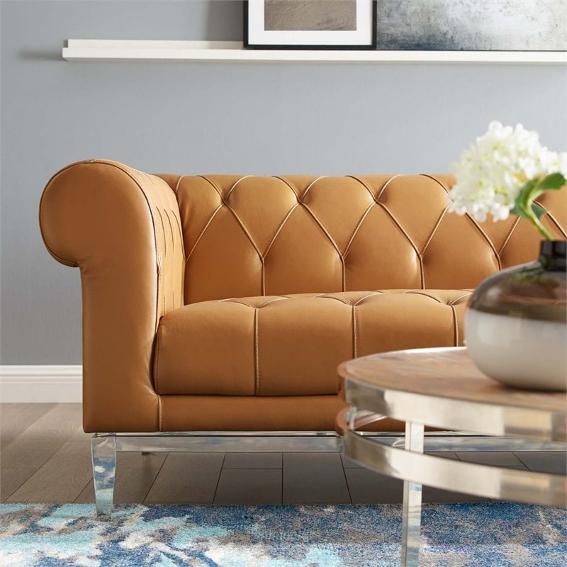 Maklaine Tufted Button Upholstered Leather Chesterfield Sofa in Tan