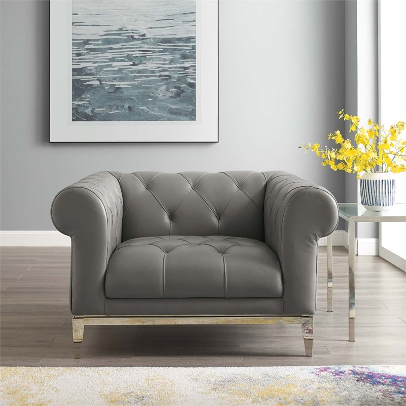 Maklaine Tufted Button Upholstered Leather Chesterfield Armchair in Gray