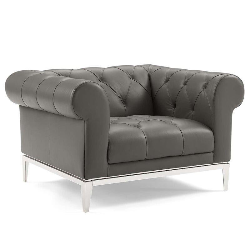 Maklaine Tufted Button Upholstered Leather Chesterfield Armchair in Gray