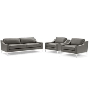 Maklaine 3-Piece Stainless Steel and Leather Sofa Set in Gray