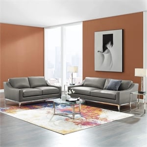 Maklaine Stainless Steel & Leather Arm Chair in Gray (Set of 2)