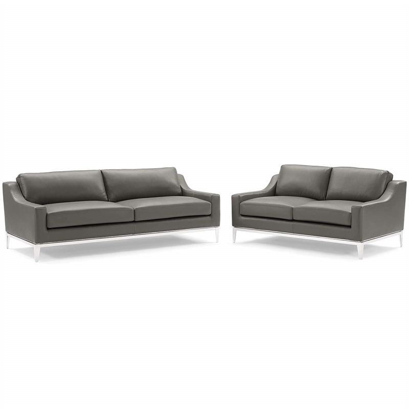 Maklaine Stainless Steel & Leather Arm Chair in Gray (Set of 2)