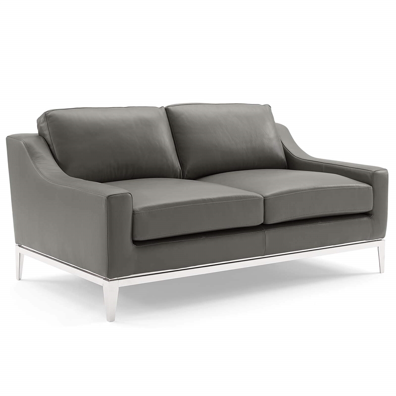 Maklaine Stainless Steel & Leather Arm Chair in Gray (Set of 2)