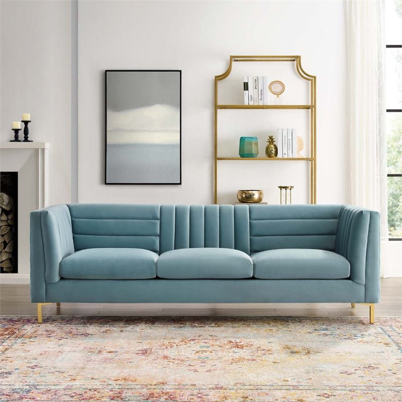 Maklaine Channel Tufted Performance Velvet Sofa in Light Blue