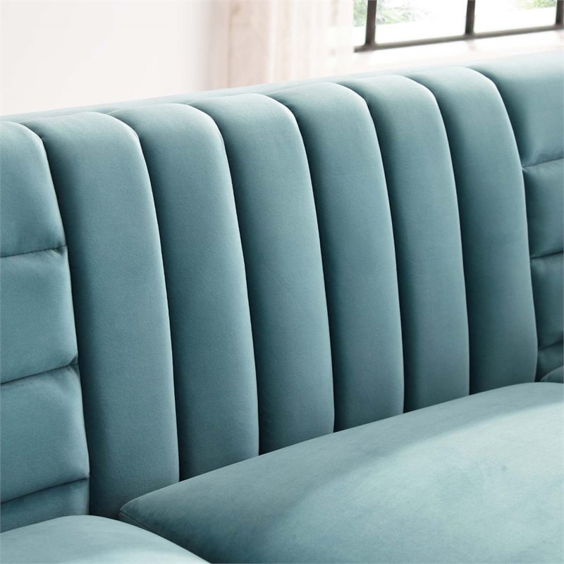Maklaine Channel Tufted Performance Velvet Sofa in Light Blue