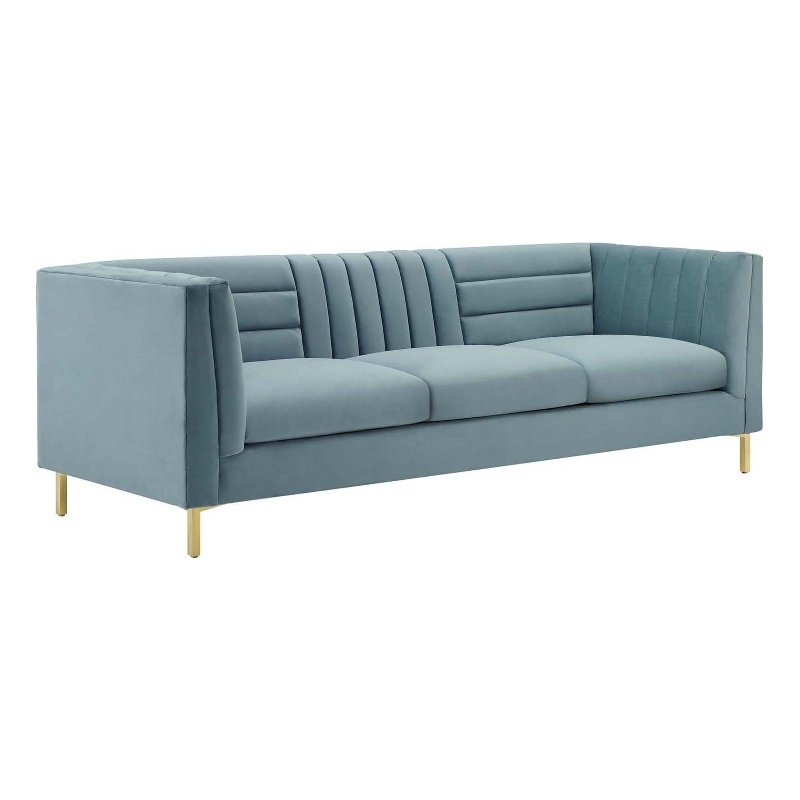 Maklaine Channel Tufted Performance Velvet Sofa in Light Blue
