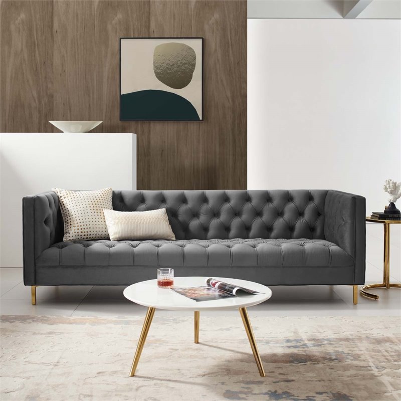 Maklaine Tufted Button Performance Velvet Stainless Steel Sofa in Gray