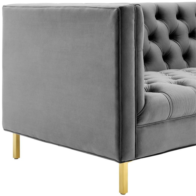 Maklaine Tufted Button Performance Velvet Stainless Steel Sofa in Gray