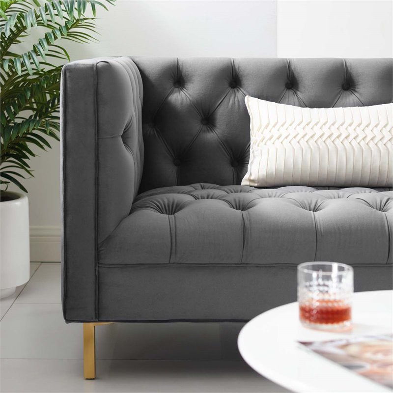 Maklaine Tufted Button Performance Velvet Stainless Steel Sofa in Gray